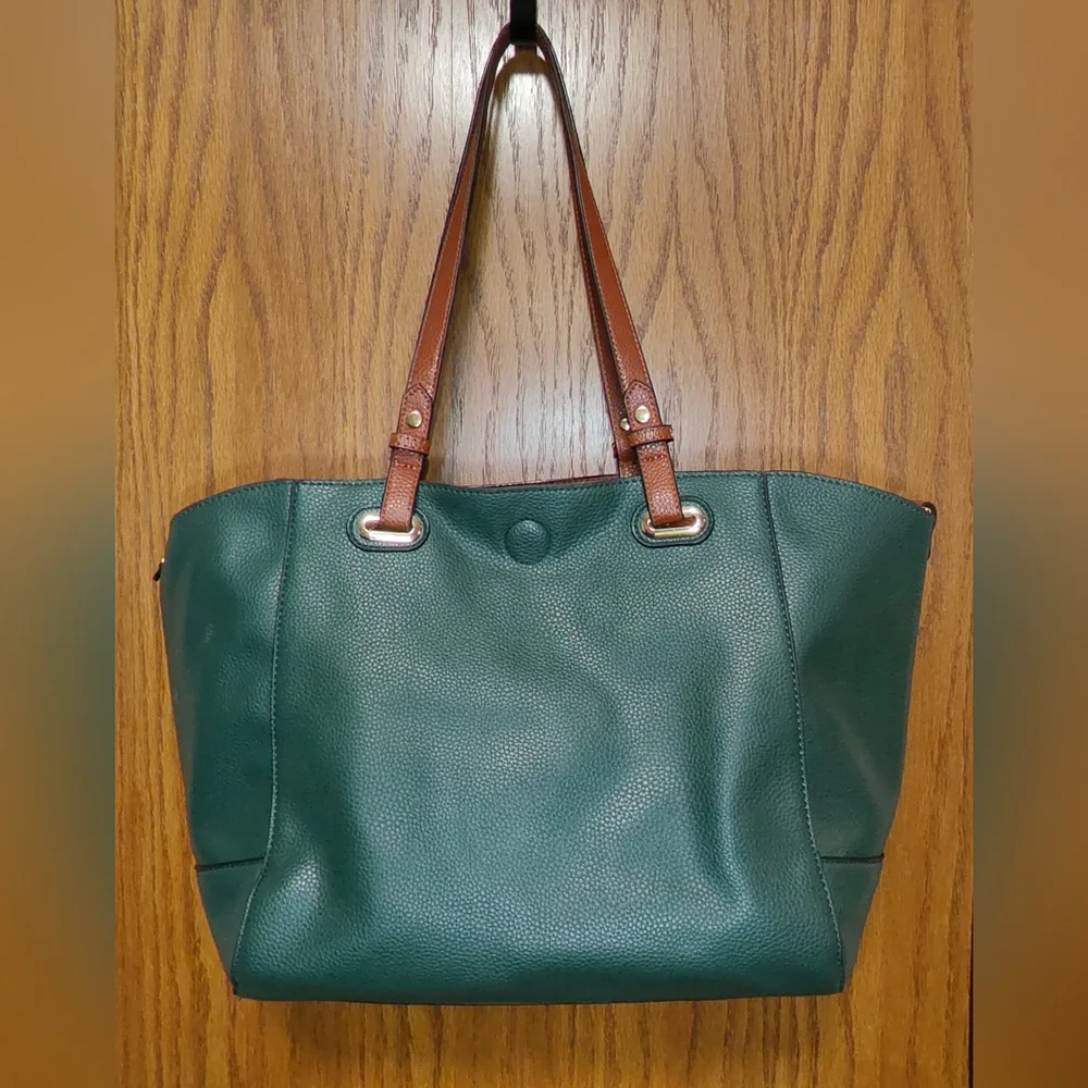 GH Bass & Co Green & Brown Tote Bag Purse w/ Zipper Pouch